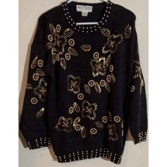 Retro 1980s Black Gold Floral Beaded Sweater Shoulder Pads Grandma Chic Small - Picture 1 of 5